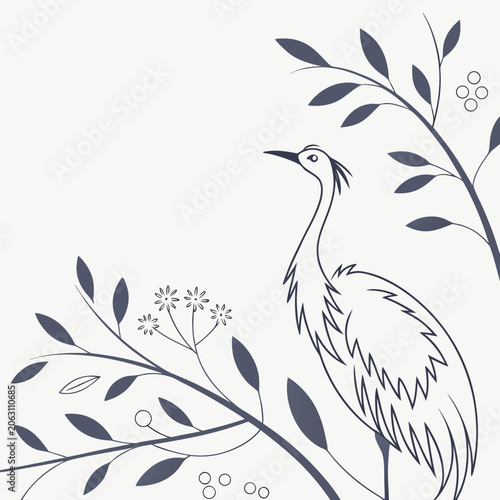 Minimalist outline illustration of a crane bird among foliage and berries with branches minimalist illustration