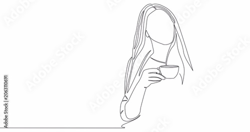 Self drawing line animation sitting dreaming woman with cup of tea continuous one single line drawn concept video