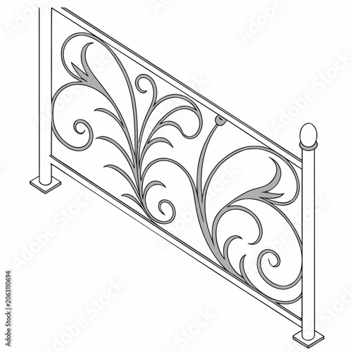 Isometric metal fence panel with ornate floral wrought iron scrollwork isometric illustration security