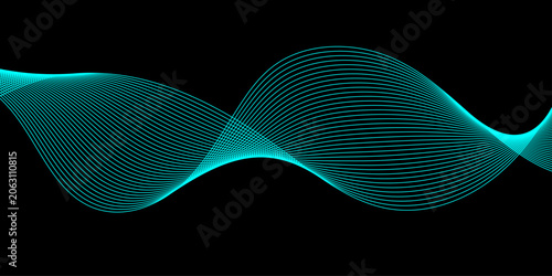 Photos Symmetrical turquoise sine wave pattern with luminous curved lines on black back
