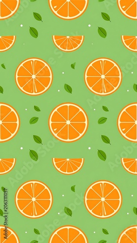 A vibrant repeating pattern of orange slices and green leaves on a light green background