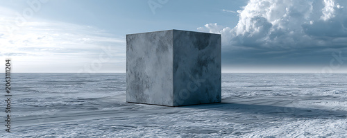 Minimalist Cubed Structure in a Vast, Empty, and Icy Landscape