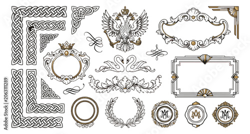Billede på lærred Vintage heraldic design elements set, ornate royal frames and borders vector, an