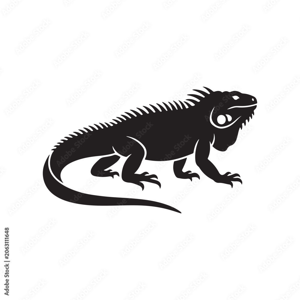 Fototapeta premium Black silhouette of a spiky iguana lizard standing on a white background, isolated of an exotic reptile with textured scales