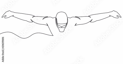 Self drawing line animation professional swimmer man focus training in gym swimming pool center. Healthy lifestyle continuous one single line drawn concept video