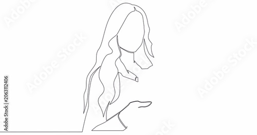 Self drawing line animation Happy girl show modern cellphone young woman demonstrate smartphone continuous one single line drawn concept video