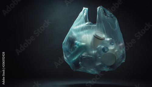 A transparent plastic bag filled with single-use plastic bottles and cups floating against a dark background, conceptual image highlighting marine pollution and microplastics.