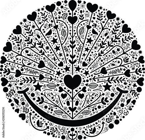 Ornamental Heart Harmony Smile with Intricate Folk Art Pattern Decorative Vector