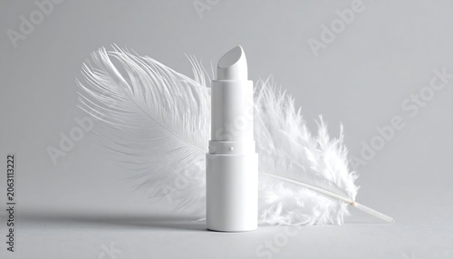 A white cosmetic tube with a feather-like object behind