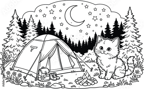 Moonlit Forest Camping Adventure with Curious Kitten and Wilderness Night Scene Coloring Page Vector