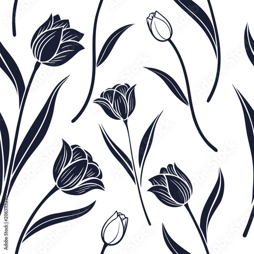 tulip seamless pattern silhouette on white background