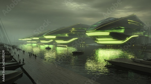 Modern futuristic architectural building with glowing green neon lights by the waterfront pier, ideal for urban planning and sustainable city backgrounds.