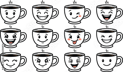 Cute Coffee Cup Character Collection with Playful Facial Expressions Hand Drawn Vector Set