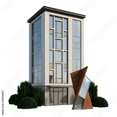 Modern Building with Sculpture and Landscaping