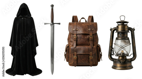 Schilderij op canvas Medieval fantasy adventurer equipment set, isolated on transparent background