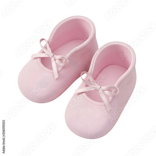 Pair of pink ballet shoes with bows on white background