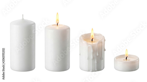 Konstfotografi Four white candles in different stages of burning, isolated on transparent backg