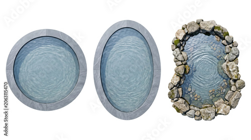 Φωτογραφία Three swimming pools and garden ponds from top view on transparent background
