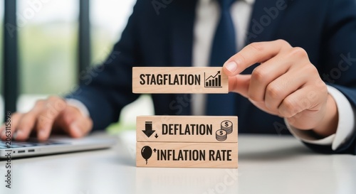 Businessman analyzing economic terms with wooden blocks on a desk