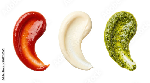 Canvastavla Three gourmet sauce drops including pesto on transparent background