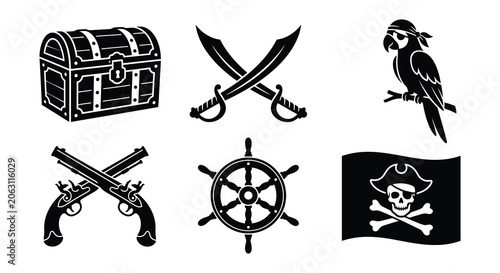Foto Pirate themed Vector Illustrations Treasure Chest Swords Pistols Parrot Wheel An