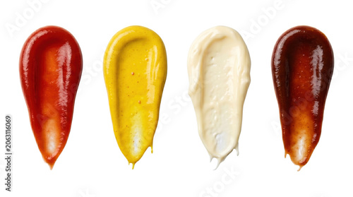 Photography Four classic condiment sauce drops, isolated on transparent background