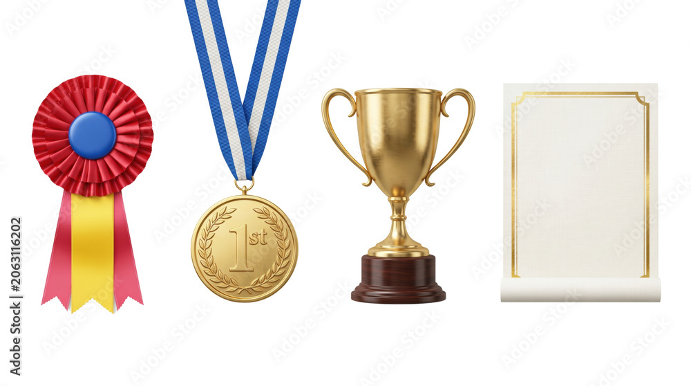 Naklejka premium First place gold awards and blank certificate, isolated on transparent background
