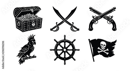 Photos Pirate themed Vector Illustrations Treasure Chest Swords Pistols Parrot Wheel An
