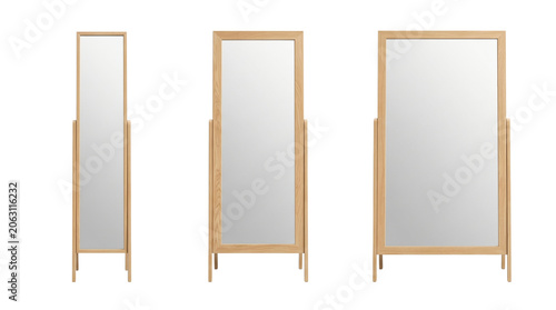 Bild auf Leinwand Three minimalist full length standing wooden mirrors, isolated on transparent ba