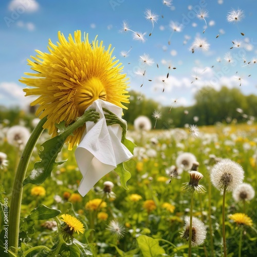 A dandelion appears to be sneezing into a tissue, surrounded by other dandelions, sending fluffy seeds floating in the air under a clear blue sky