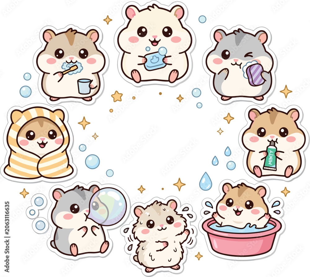 Obraz premium Cute hamster cartoon character sticker set arranged in a circle frame featuring adorable rodents brushing teeth washing hands taking bath wrapped in towel vector illustration.