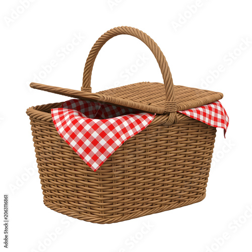 Wicker picnic basket with red and white gingham cloth