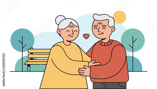 Affectionate senior couple sharing a loving moment in a beautiful green park next to a wooden bench during sunset.