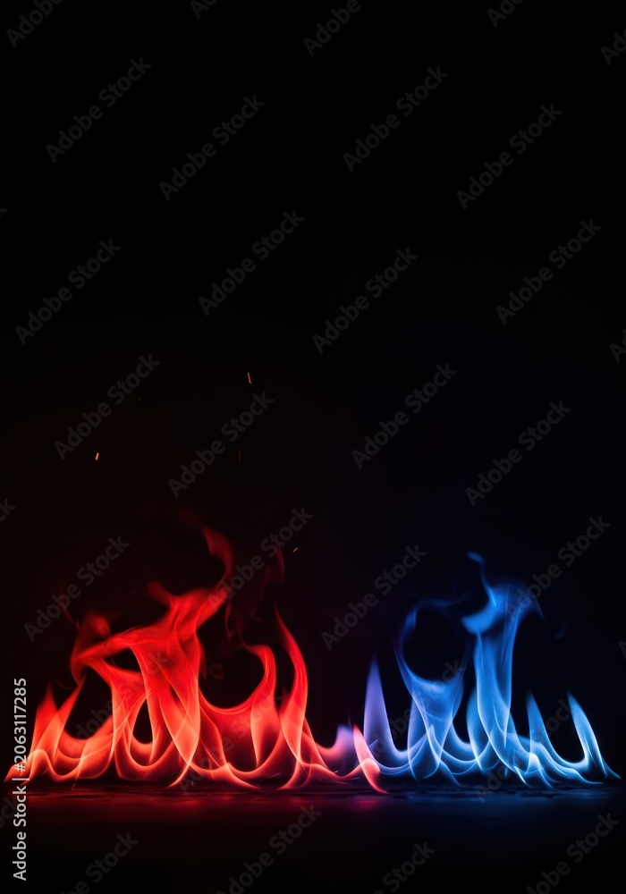 Fototapeta premium Striking contrast between vibrant scarlet and icy sapphire flames dancing intensely across a pure, deep void of darkness, burning, contrast, scarlet