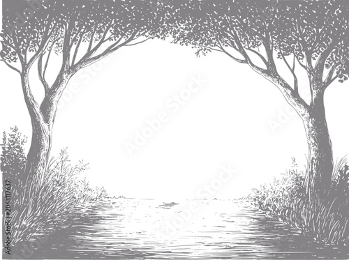 Tableau sur toile Of a path through trees with overhanging branches and foliage