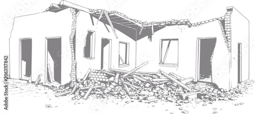 Foto Of a severely damaged house with debris and broken walls