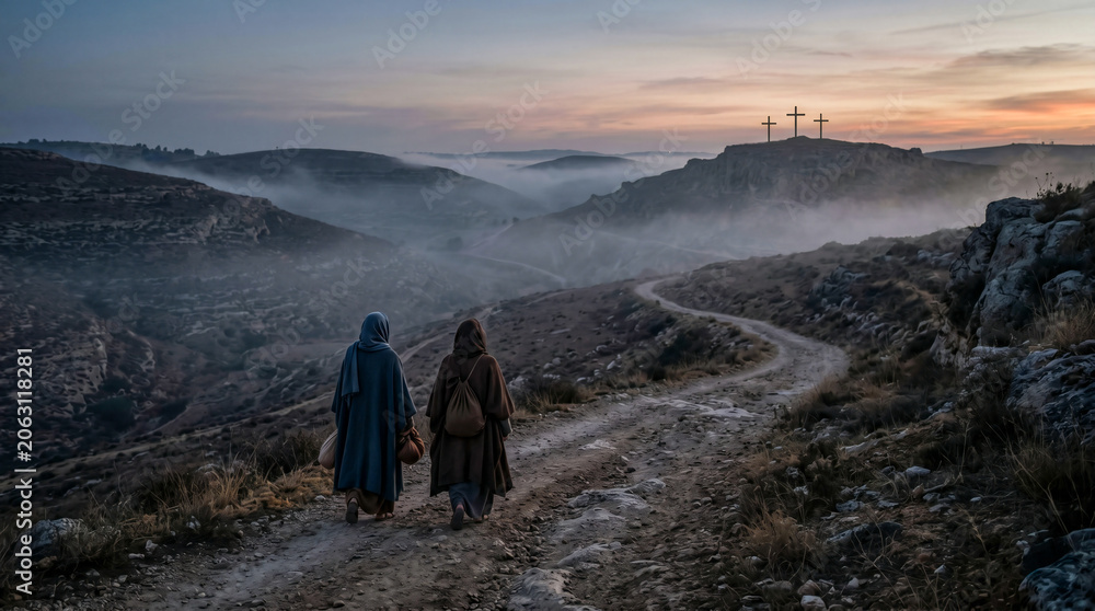 Obraz premium Two women walking through a dusty landscape with crosses in background, depicting the journey of the Myrrhbearers for Easter