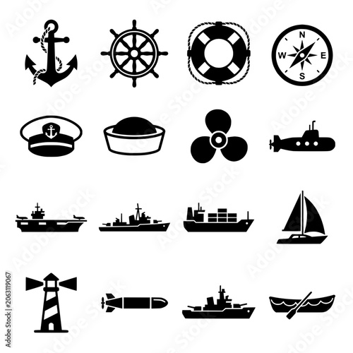 Nautical Icons: Anchor, Ship Wheel, Compass, Boat, Lighthouse, Submarine, Ships, Sailboat