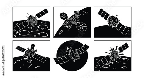 Satellite Silhouettes With Earth And Moon Black Vector Illustrations