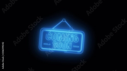 Blue Neon Coming Soon Sign Hanging and Rotating on Black Background 4K