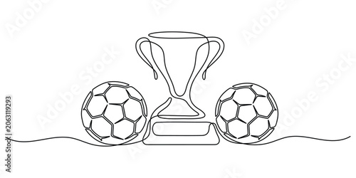 Football trophy and soccer ball one line art championship vector.