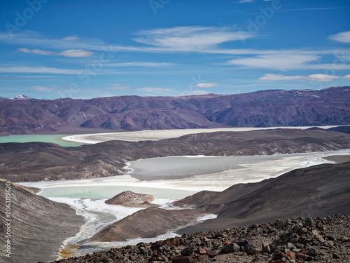 Breathtaking panoramic view of Balcon del Pissis lagoons and salt flats in Catamarca, Argentina.