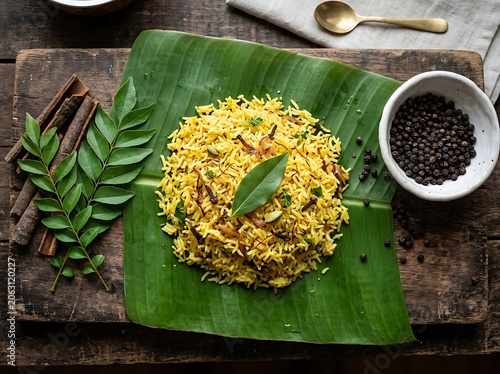 Authentic south indian lemon rice served on a banana leaf with spices and cinnamon sticks