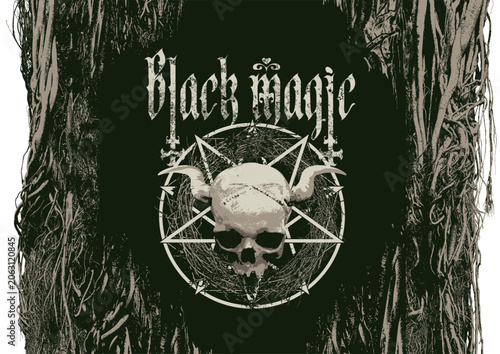 Photos A hand-drawn banner featuring a pentagram, inverted crosses, human skull, and the words Black Magic in Gothic font on a wood background