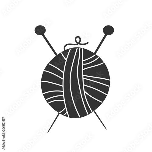 Yarn ball with crossed knitting needles vector silhouette icon on white background. Minimalist black and white graphic symbol for handicraft logo.