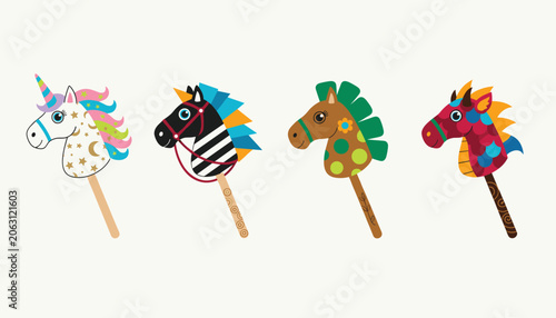 Set of four colorful toy stick hobby horses including a unicorn, a zebra, a classic horse, and a dragon.
