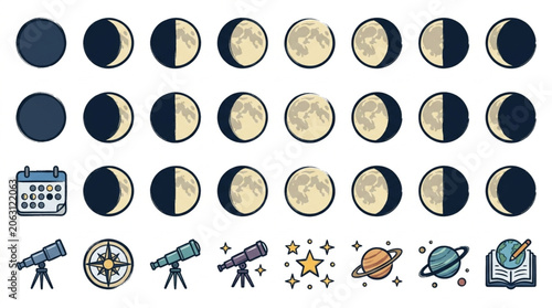 Foto Illustration of moon phases and astronomical objects.