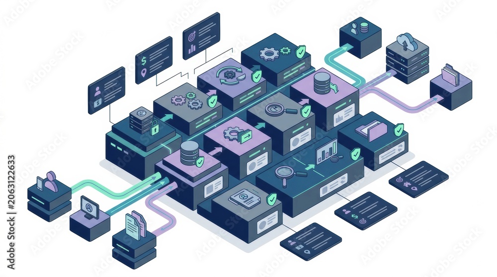 Fototapeta premium This illustration depicts an overview of data processing and compliance with a focus on ROPA in a digital setting with various elements.