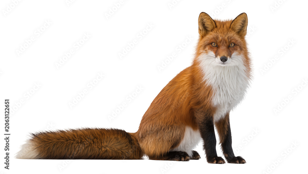 Fototapeta premium Red fox sitting with bushy tail and white chest