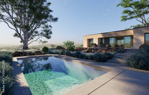 Modern house with swimming pool and landscaped garden in a sunny outdoor setting